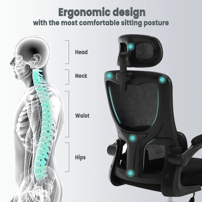WOLTU Drehbarer Bürostuhl, ergonomischer Netz-Schreibtisch, Computerstuhl, höhenverstellbar, Schaukelfunktion, umkehrbare Armlehnen, Kopfstütze