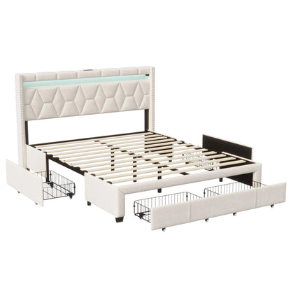 Comanlai Polsterbett, 160 x 200 cm, mit LED-Kopfteil und USB, mit 4 Schubladen, ohne Matratze, Leinenbeige