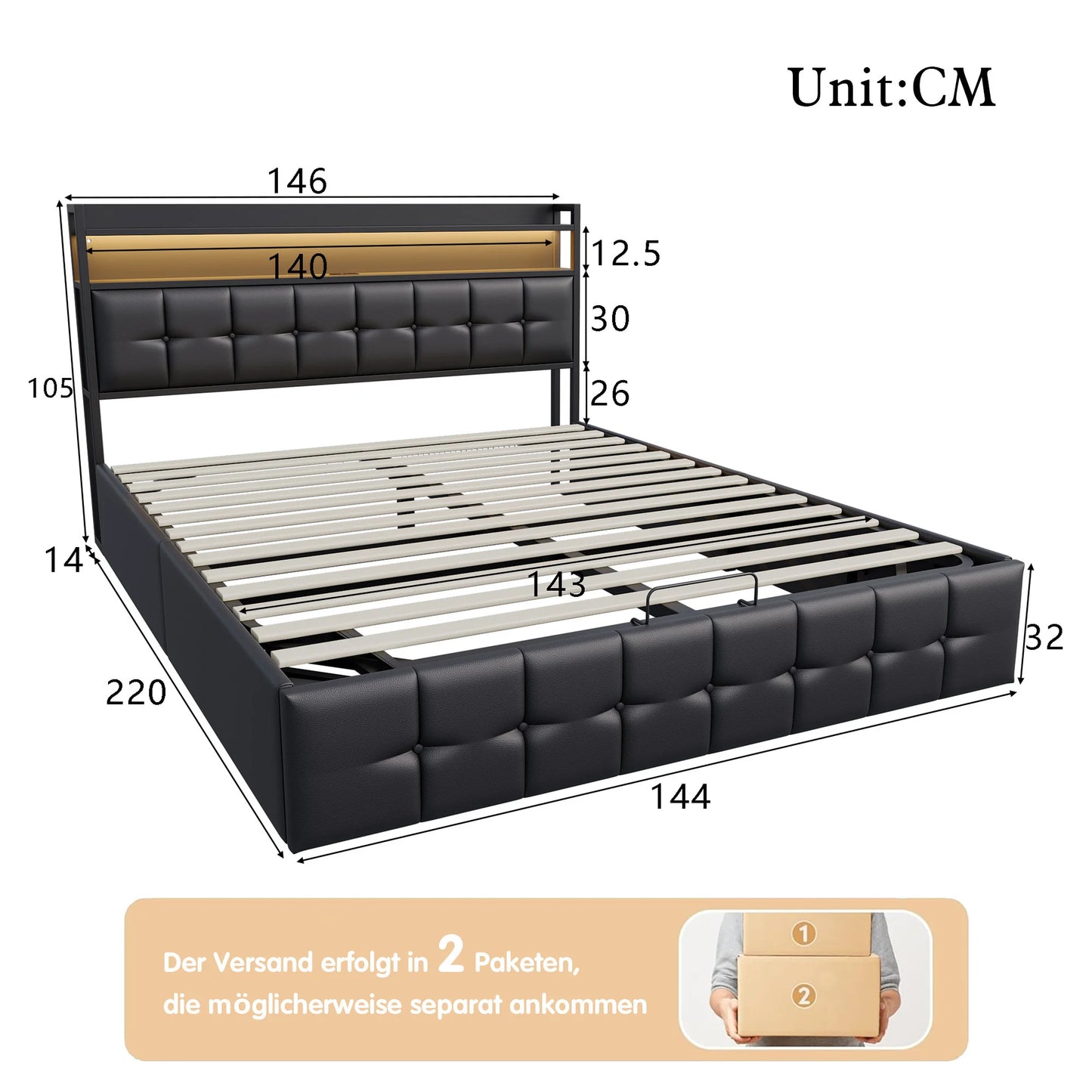 Rosahqnda Multifunctional Double Bed,Rechargeable,LED and Hydraulic Storage,Teen Bed,140/160 x 200 cm,Linen/PU,Grey,Black.