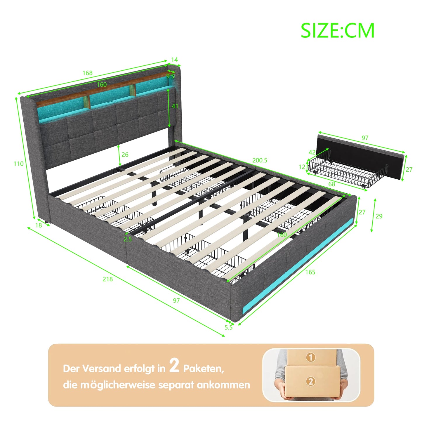 Double Bed,Upholstered Bed with LED and USB Charging Port,4 Drawers and Storage Backrest for Adults or Teen Bedrooms,Beige/Grey