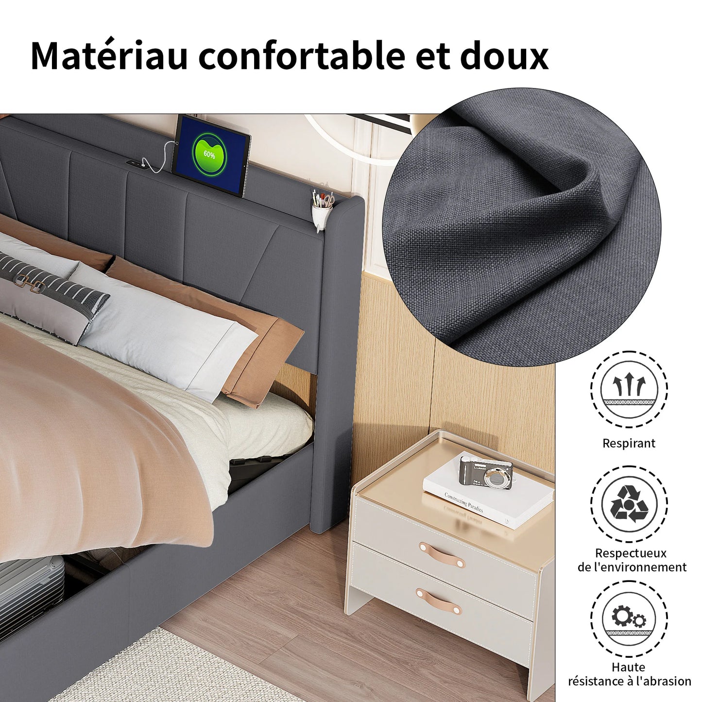 UrbanLuxe 160 x 200 cm Bett mit Stauraum, 2 USB-Anschlüsse + 1 Typ-C-Anschluss, Lattenrost, Leinen, grau, ohne Matratze