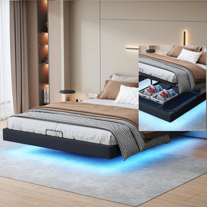 Polsterbett, 140 x 200 cm, mit Stauraum und Lattenrost, schwimmender Bettrahmen mit LED-Licht, Doppelbetten, hydraulische, PU