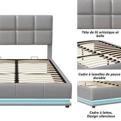 Rosahqnda Hydraulischer Doppelbettrahmen 140*190cm mit LED, Verstellbares Kopfteil, Stauraumbett 140*200cm, Polsterbett, PU