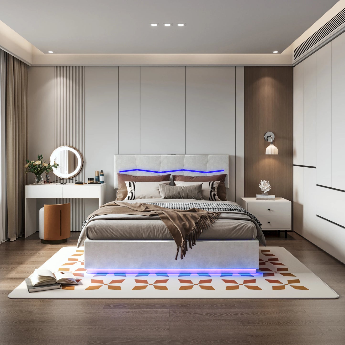 ROSAHQNDA Polsterbett, LED-Doppelbett mit USB-Station, verstellbares Kopfteil, Bettgestell, Betten mit Stauraum, PU, ohne Matratze