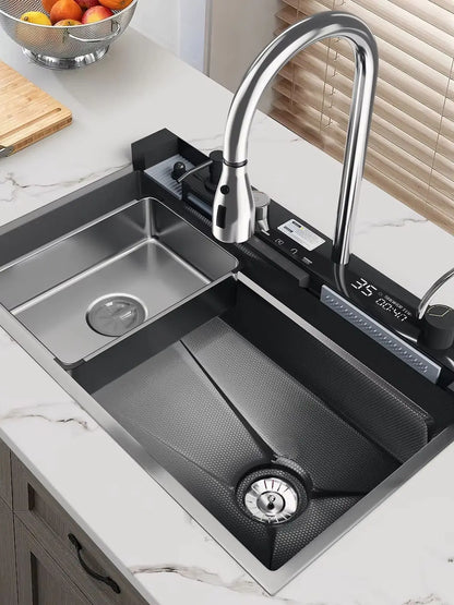 Edelstahl-Wasserfall-Küchenspüle, großes Einzelschlitz-Wasserhahn-Set mit integrierter Digitalanzeige, Seifenspender, Tassenwascher, 75 x 46 cm