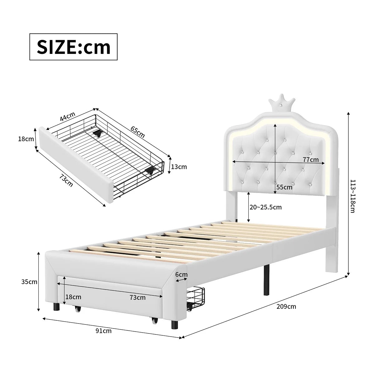 Kinderbett Polsterbett 90x200cm, Bett für Mädchen mit Schublade,Kronenförmiges Prinzessinnenbett mit LED-Lichtleisten,Weiß,PU