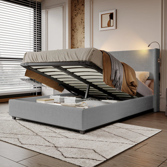 140 x 200 cm großes Cord-Doppelbett mit Stauraum, Bettkopf mit Leselicht, zwei USB-Ladeanschlüssen, ohne Matratze