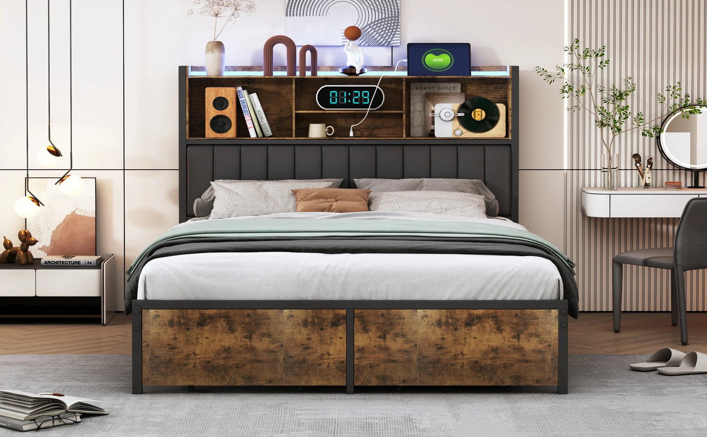 Rosahqnda Doppelbett aus Eisen, Rahmen mit LED, USB und Schubladen, gepolstertes Bett, 140–160–180 x 200 cm, Stauraum, Kopfteil, Jugendbett, PU, Schwarz