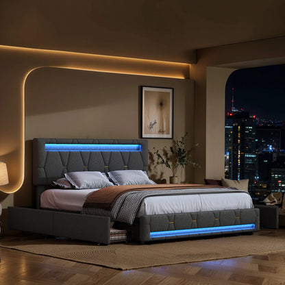 Rosahqnda  Polsterbett, Doppelbett ohne Matratze, Leinenbettrahmen mit Kopfteil-Rückenlehne, 4 Schubladen, Doppelbett