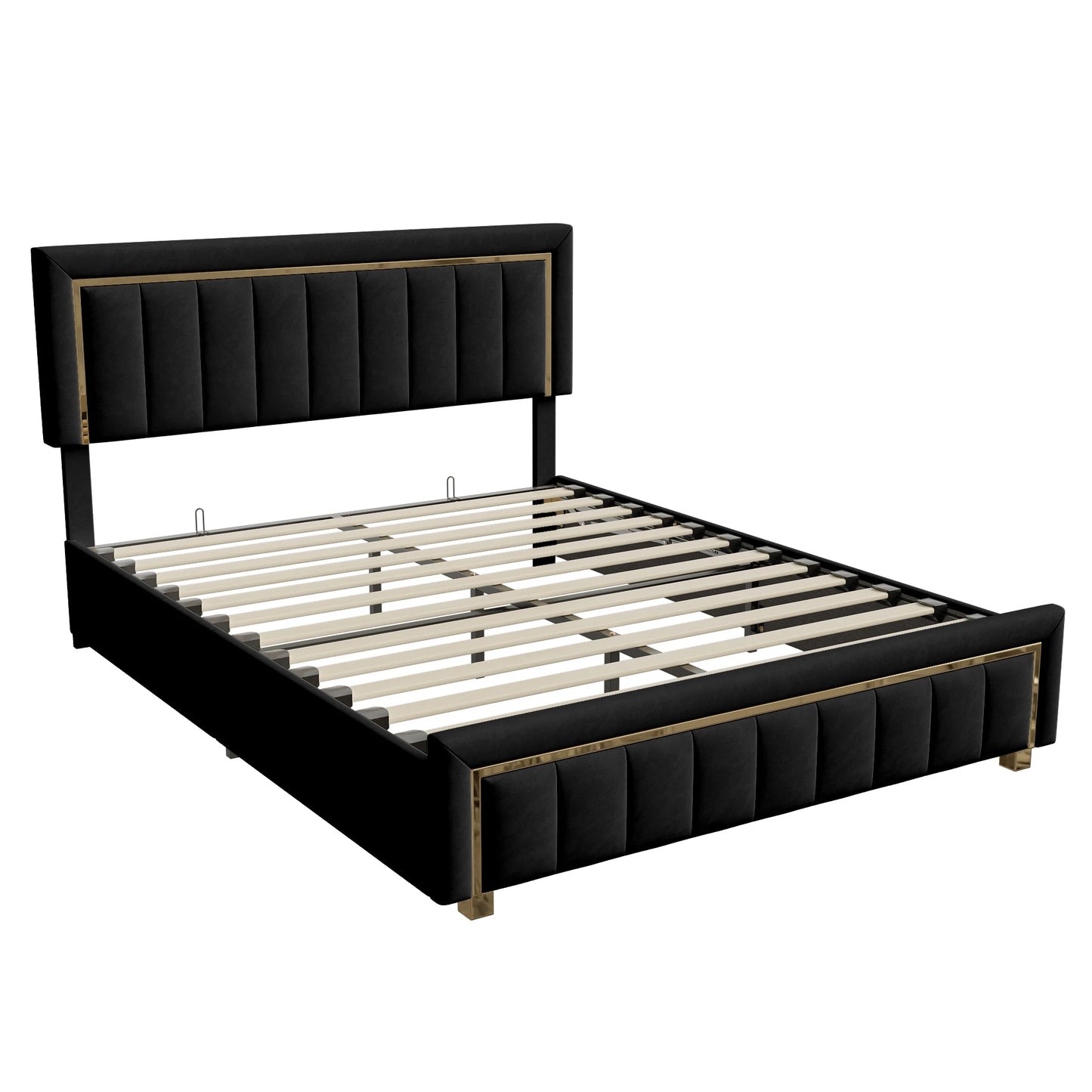 Rosahqnda Doppeltes gepolstertes hydraulisches Bett, 140-160 * 200 cm, großer Stauraum, Gästebett, Samt, schwarz, beige