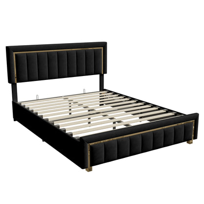 Rosahqnda Doppeltes gepolstertes hydraulisches Bett, 140-160 * 200 cm, großer Stauraum, Gästebett, Samt, schwarz, beige