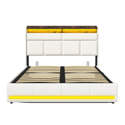 Anajqaqia 160 x 200 cm Polsterbett mit Lattenrost, hydraulisches Bett mit LED-Licht-Kopfteil und Stauraum, PU, Weiß