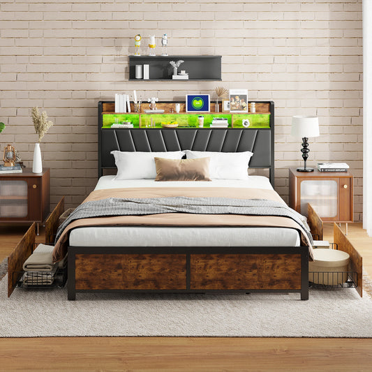 Metall bett rahmen 140/160x200cm Doppelbett mit LED-Licht und 2 Schubladen, mit USB-Ladeans chluss, Vintage braun schwarz
