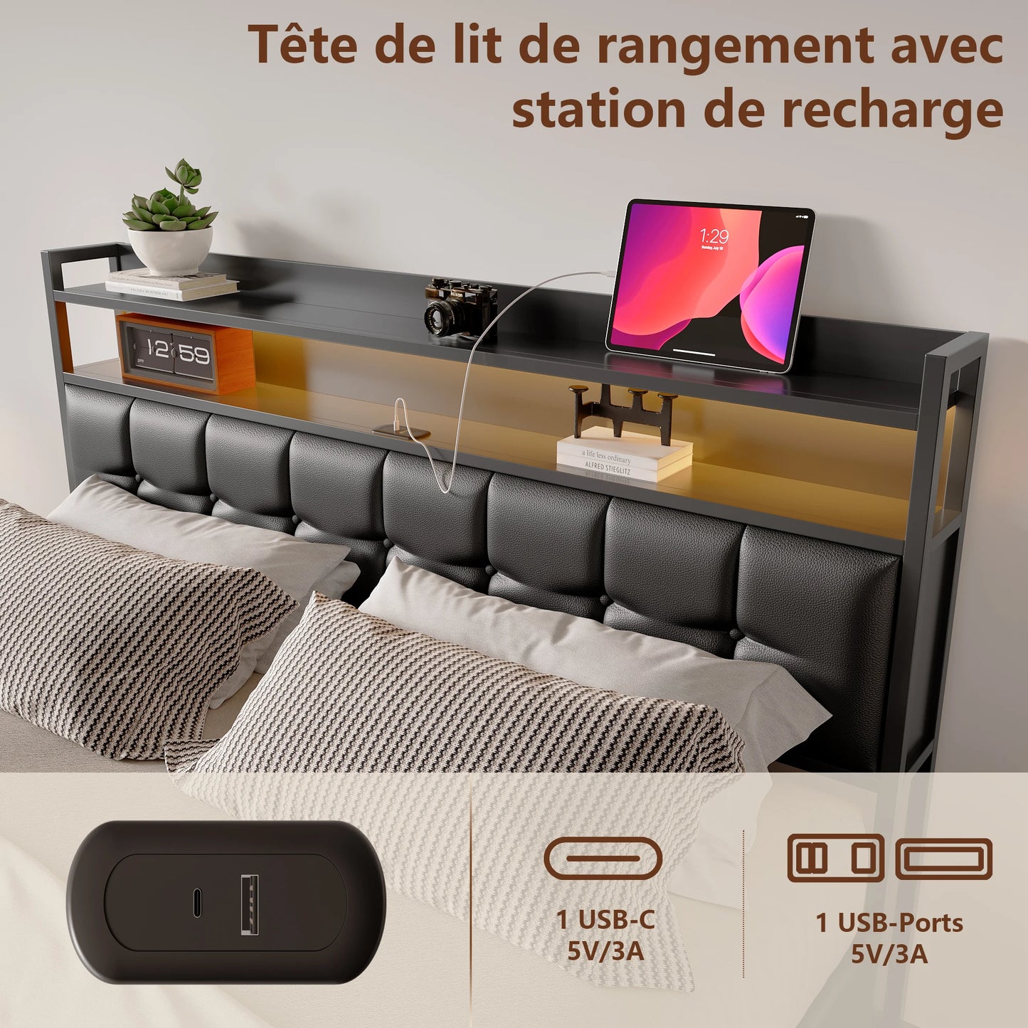 Rosahqnda Polsterbett 140 x 190 cm Doppelbett mit LED und USB, gepolsterter Bettrahmen mit Kopfteil und Lattenrost, Höhe 32 cm