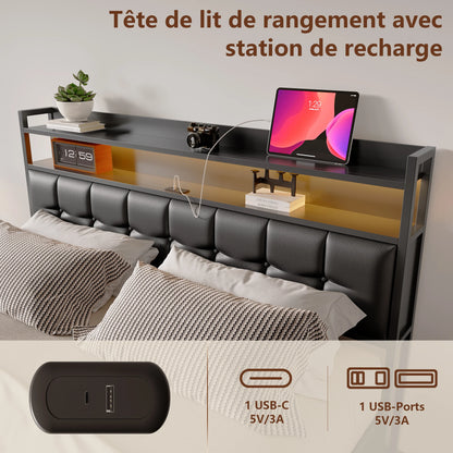 Rosahqnda Polsterbett 140 x 190 cm Doppelbett mit LED und USB, gepolsterter Bettrahmen mit Kopfteil und Lattenrost, Höhe 32 cm