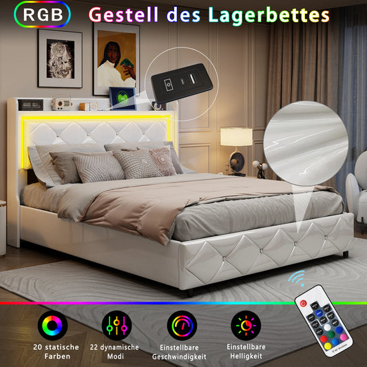 WoodenAura 140x200cm PU-Polsterbett, weißes Einzel und Doppelbett mit Lattenrost, Holz Kopfteil mit dekorativen Knöpfen, RGB-LED