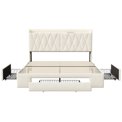 Comanlai Polsterbett 140 x 200 cm, Doppelbett mit 3 Schubladen, USB-Ladefunktion, ohne Matratze, Samt, Beige