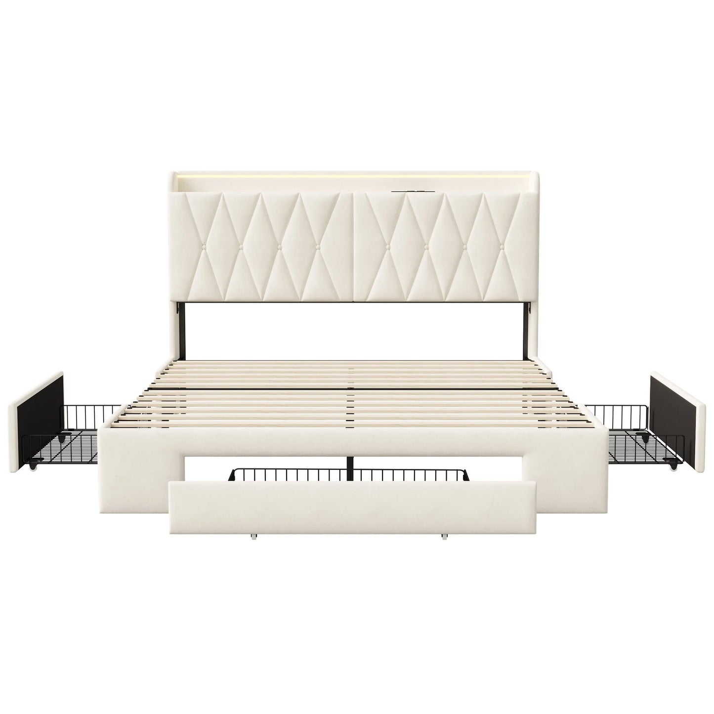 Comanlai 140 x 200 cm Polsterbett, mit 3 Schubladen, USB-Ladefunktion, Doppelbett, ohne Matratze, Samt, Beige