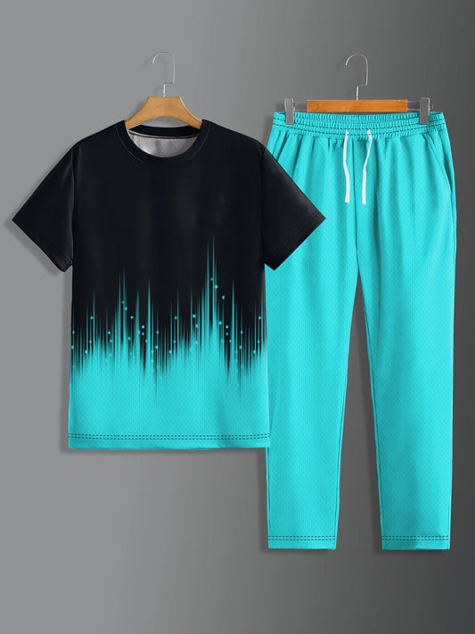 2025 Simple Men's Summer Gradient Printed Comfortable and Breathable Round Neck T-shirt Pants Set Outdoor Casual Two Piece Set.