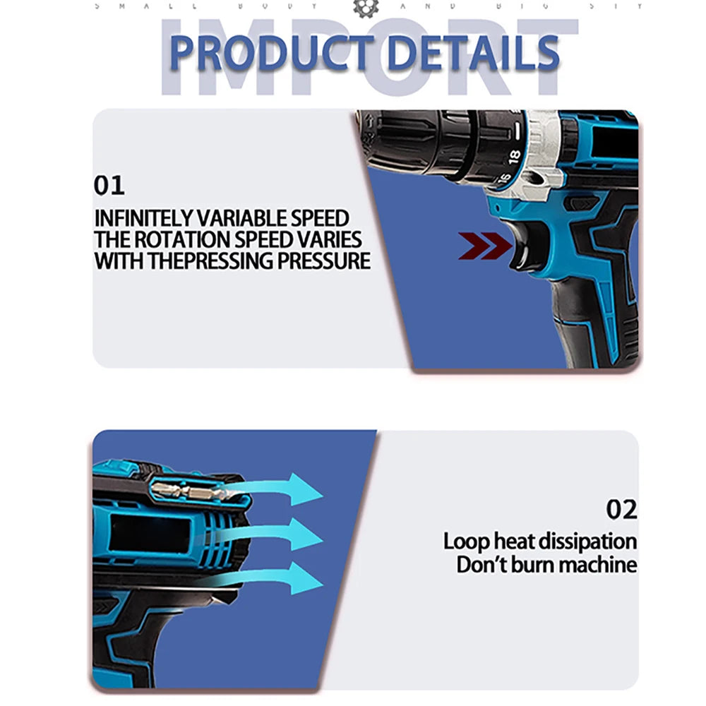 21 V kabelloser elektrischer Schlagbohrschrauber, Schraubendreher, 1600 U/min, Hochgeschwindigkeitsbohrer, wiederaufladbar, 32 Drehmoment, Haushaltsbohrmaschine, Elektro-DIY-Werkzeuge