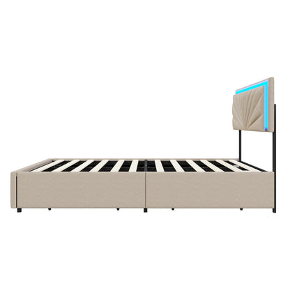 WoodenAura Polsterbett 140x200 cm mit LED-Beleuchtung,Doppelbett mit 4 Schubladen, Höhenverstellbarem Kopfteil und Holzgestell