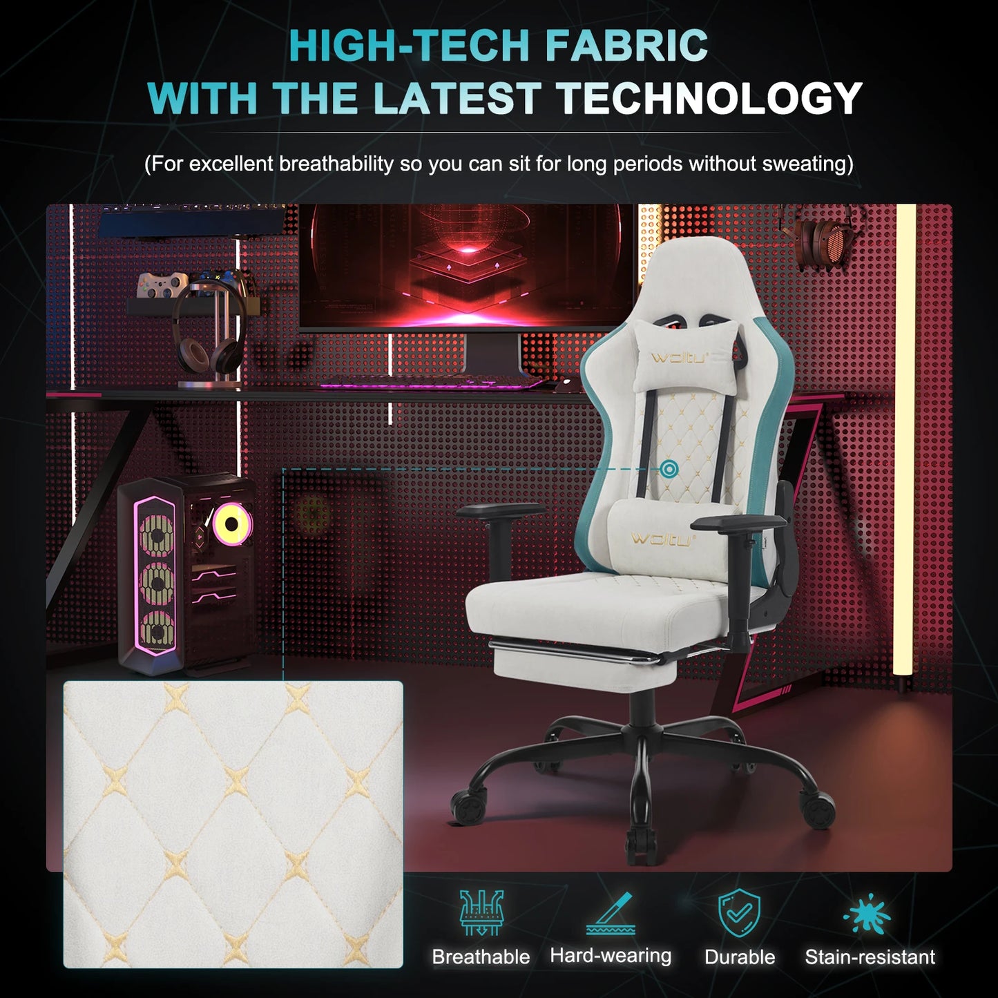 WOLTU Drehbarer Massage-Computer-Gaming-Stuhl, ergonomischer Racing-Gamer-Bürostuhl mit Rollen, Kopfstütze, Fußstütze, Lendenkissen