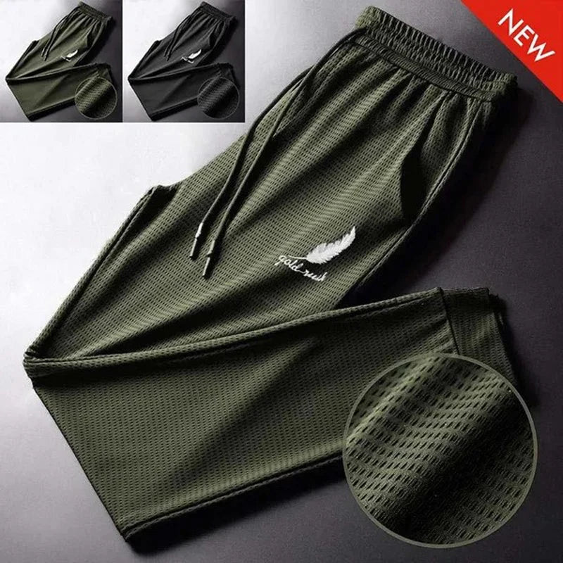 Men's Hollow Out Ice Silk Pants Mesh Breathable Casual Thin Quick Dry Pant Loose Elastic Beam Feet Pants Sports Fitness Trousers.