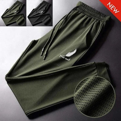 Men's Hollow Out Ice Silk Pants Mesh Breathable Casual Thin Quick Dry Pant Loose Elastic Beam Feet Pants Sports Fitness Trousers.