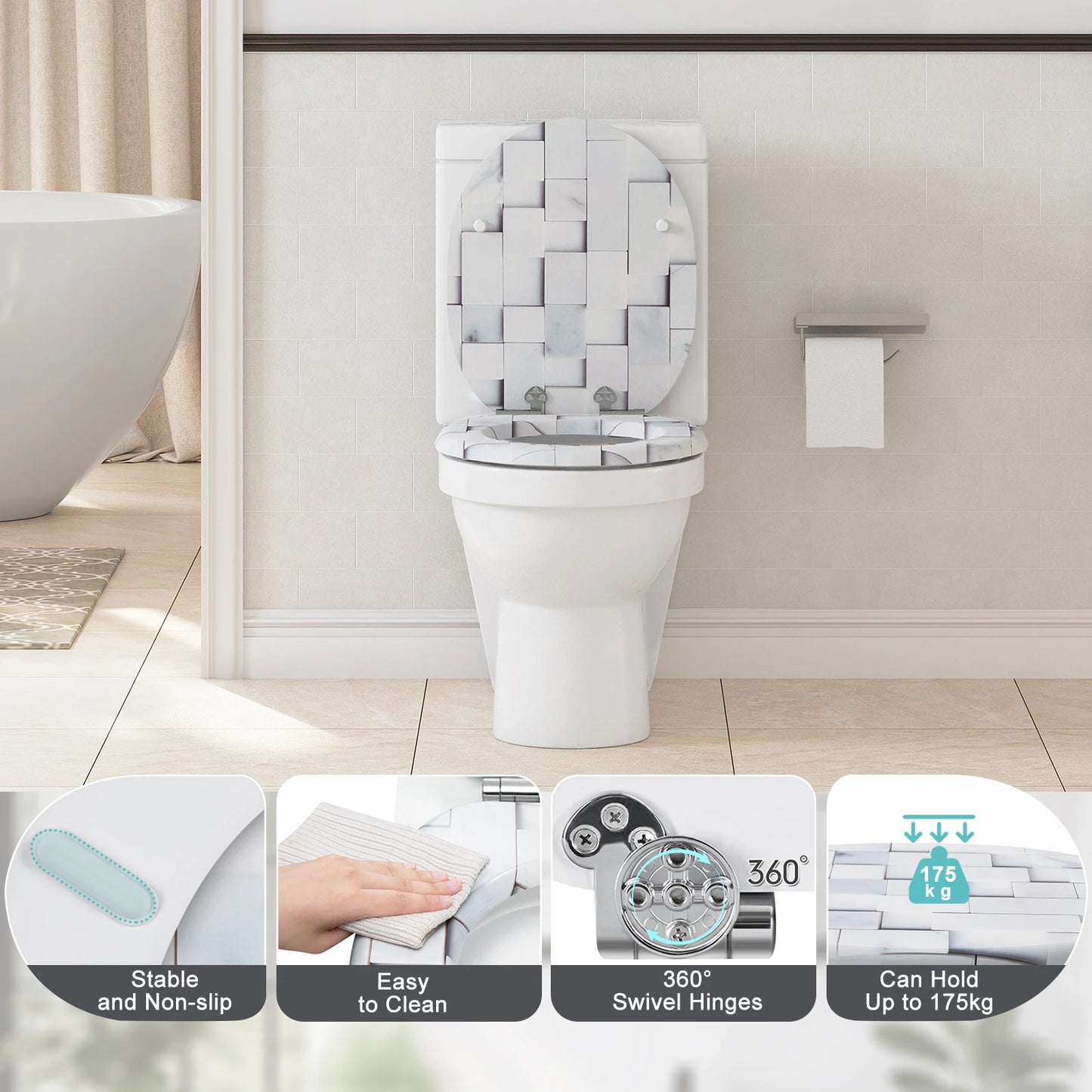 O-förmiger Toilettensitz, verstellbare Scharniere, Toilettendeckel mit Motiv, Soft-Close-Mechanismus für Badezimmer