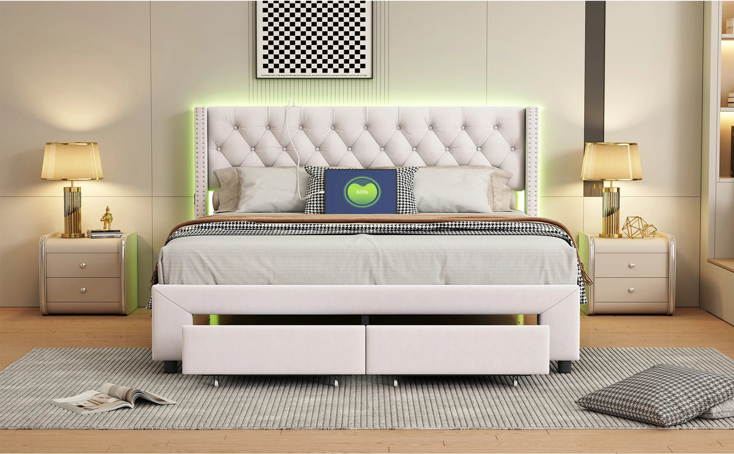 Rosahqnda Modernes Doppelbettgestell 140*190cm Stauraumbett 160-180*200cm mit LED&USB& Schubladen Jugendbett Gästebett Samtbeige