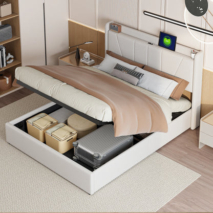 Double Bed,Storage Back and USB Rechargeable,Large Storage Bed,Suitable for Adults or Teenagers,Beige/Grey,Linen