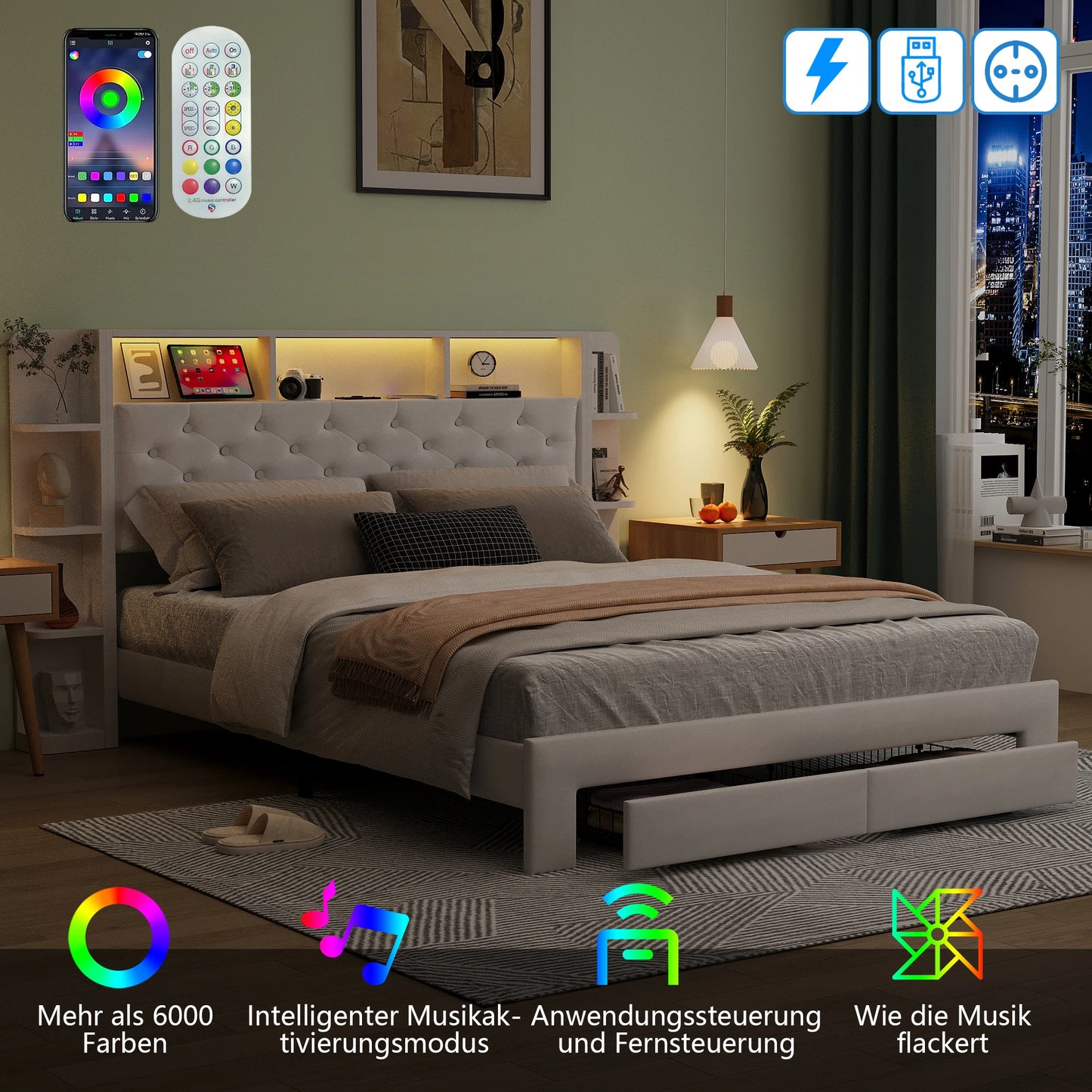 UrbanLuxe Polsterbett 140x200 cm mit LED-Streifen und USB-Ladeanschluss, Stauraumschubladen, Lattenrost, weißer Samt