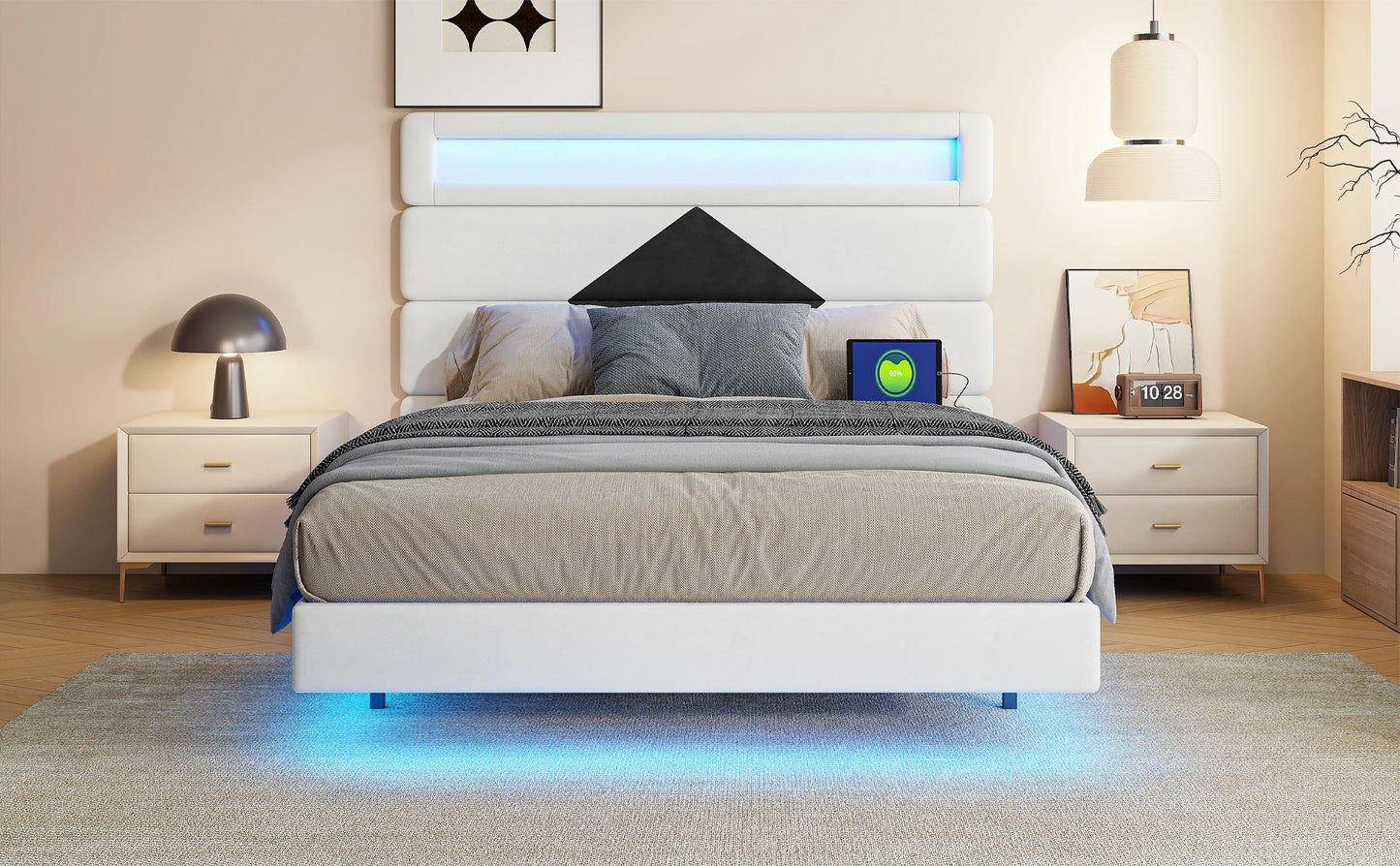 Rosahqnda Schwebebett 140*190cm Doppelbett Rahmen 160*200cm mit LED&USB Polsterbett Erwachsenenwohnung Jugendbett Samt