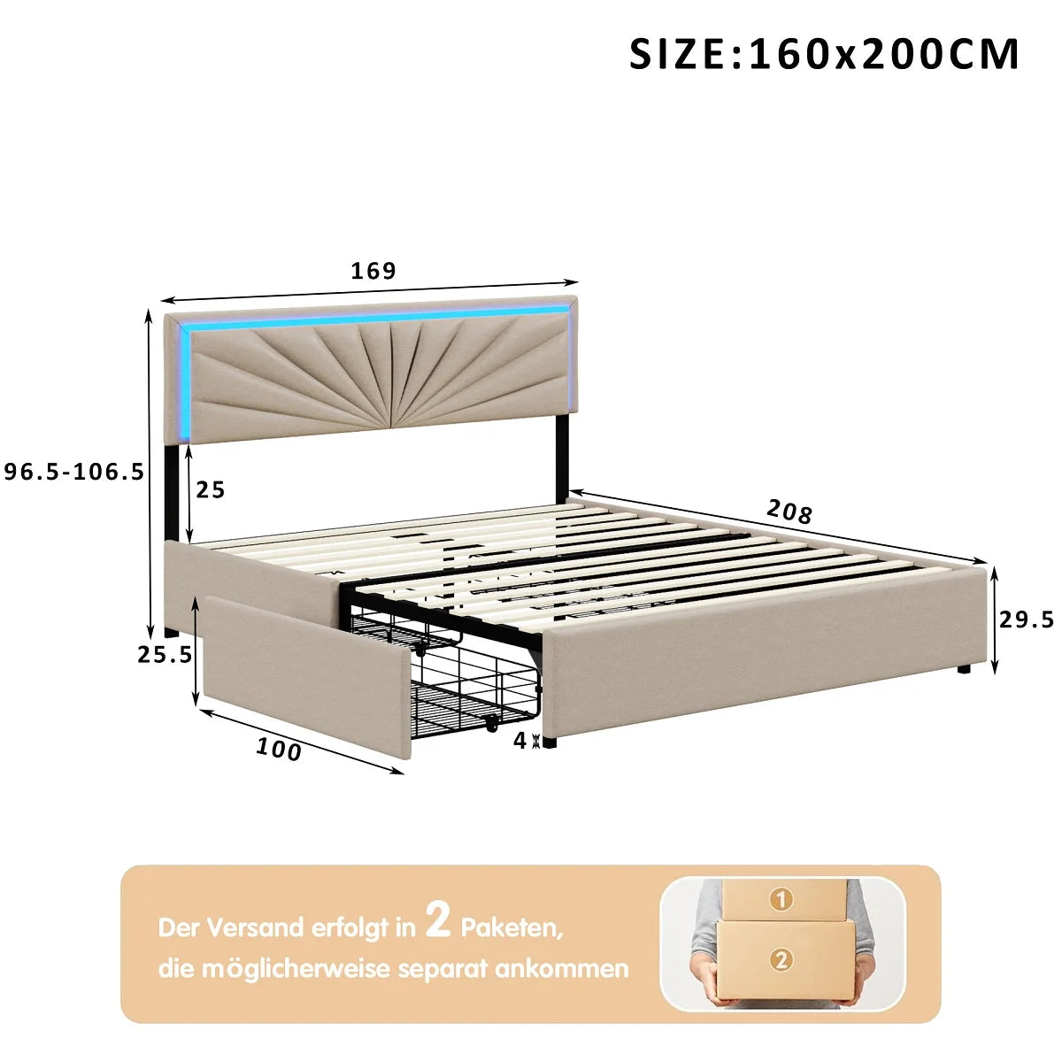 Polsterbett Doppelbett160x200cm mit LED-Beleuchtung,Stauraumbett mit 4 Schubladen,Bett mit Kopftei und Holzgestell,Leinen, Beige