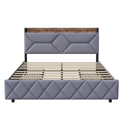 Bett 160 x 200 mit USB, Doppelbett mit 4 Schubladen, Kopfteil mit ausziehbarem Stauraum, Erwachsenenbett mit Lattenrost aus Holz