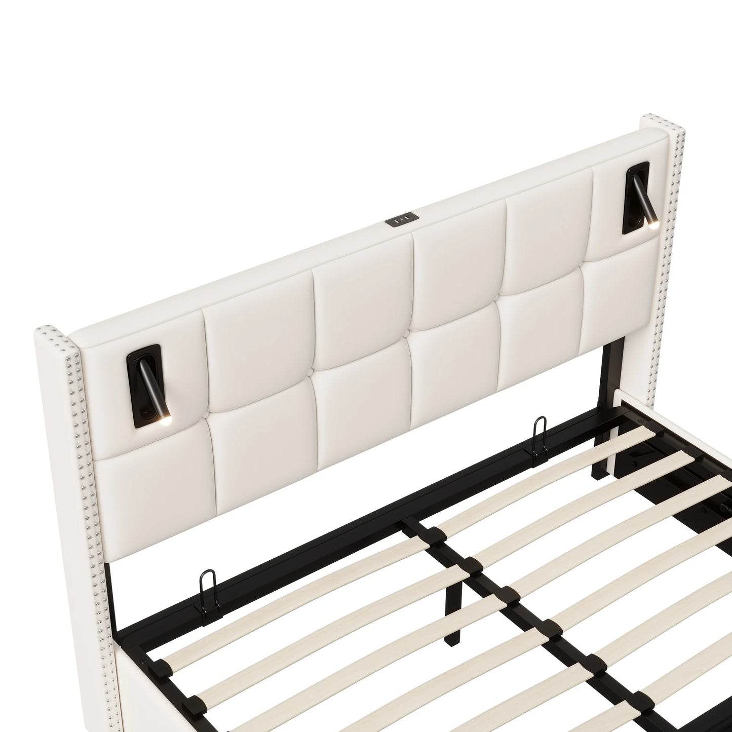 Rosahqnda Polsterbett 160x200 cm mit Stauraum,Kopfteil mit LED-Leselicht,Kupfernieten Modernes Bettgestell,Grauer Samtstoff