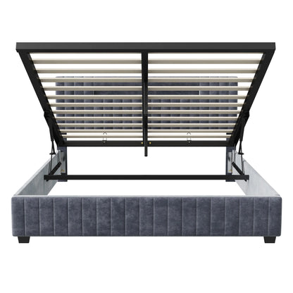 Rosahqnda 140x200 Bett mit Stauraum und Untergestell, gepolstertes Bett mit Stauraum, Doppelbett mit LED, Bettgestell aus Samt, mit Lattenrost, Grau