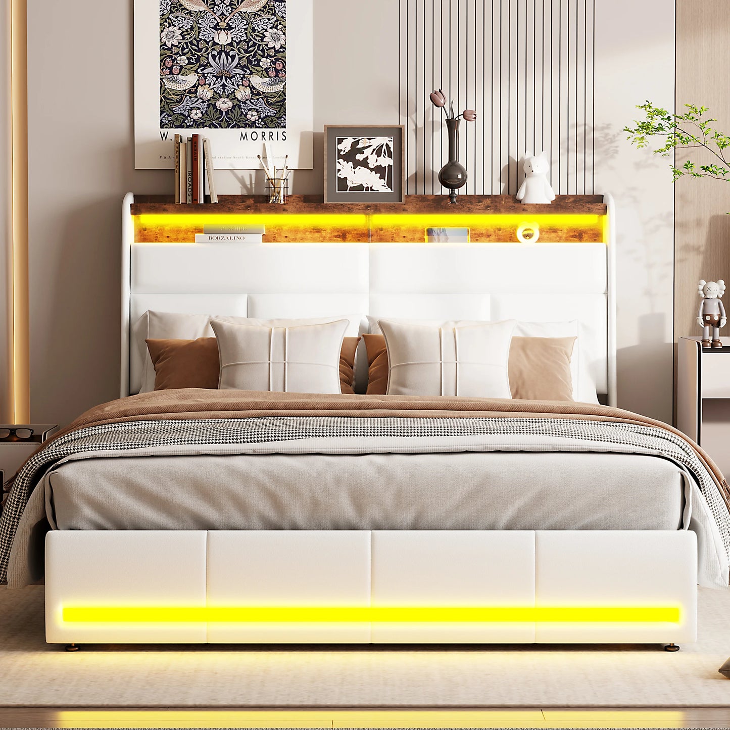 Anajqaqia 160 x 200 cm Polsterbett mit Lattenrost, hydraulisches Bett mit LED-Licht-Kopfteil und Stauraum, PU, Weiß