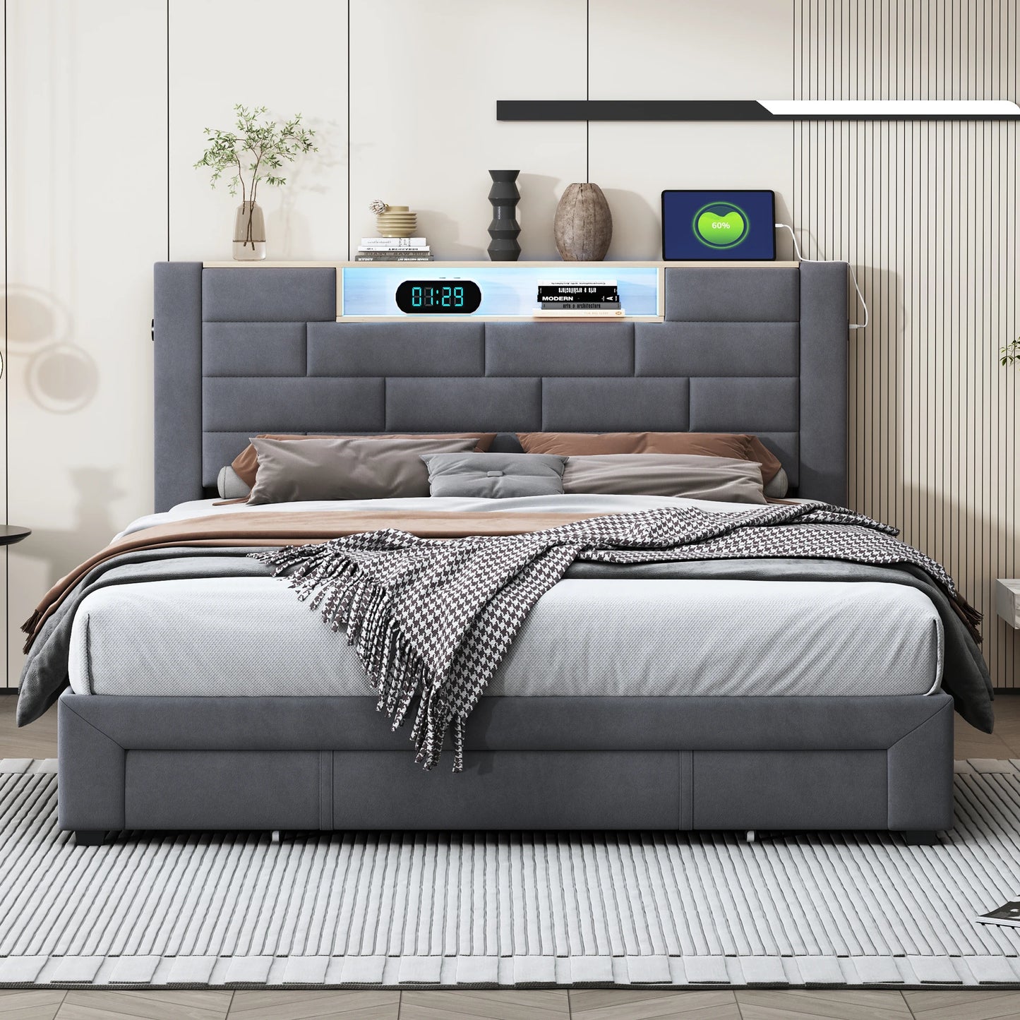 Upholstered Bed 160x200cm with LED and USB Charging Socket,Drawer Storage Bed,Bedside Storage,Adult Livingroom,Gray,Velvet
