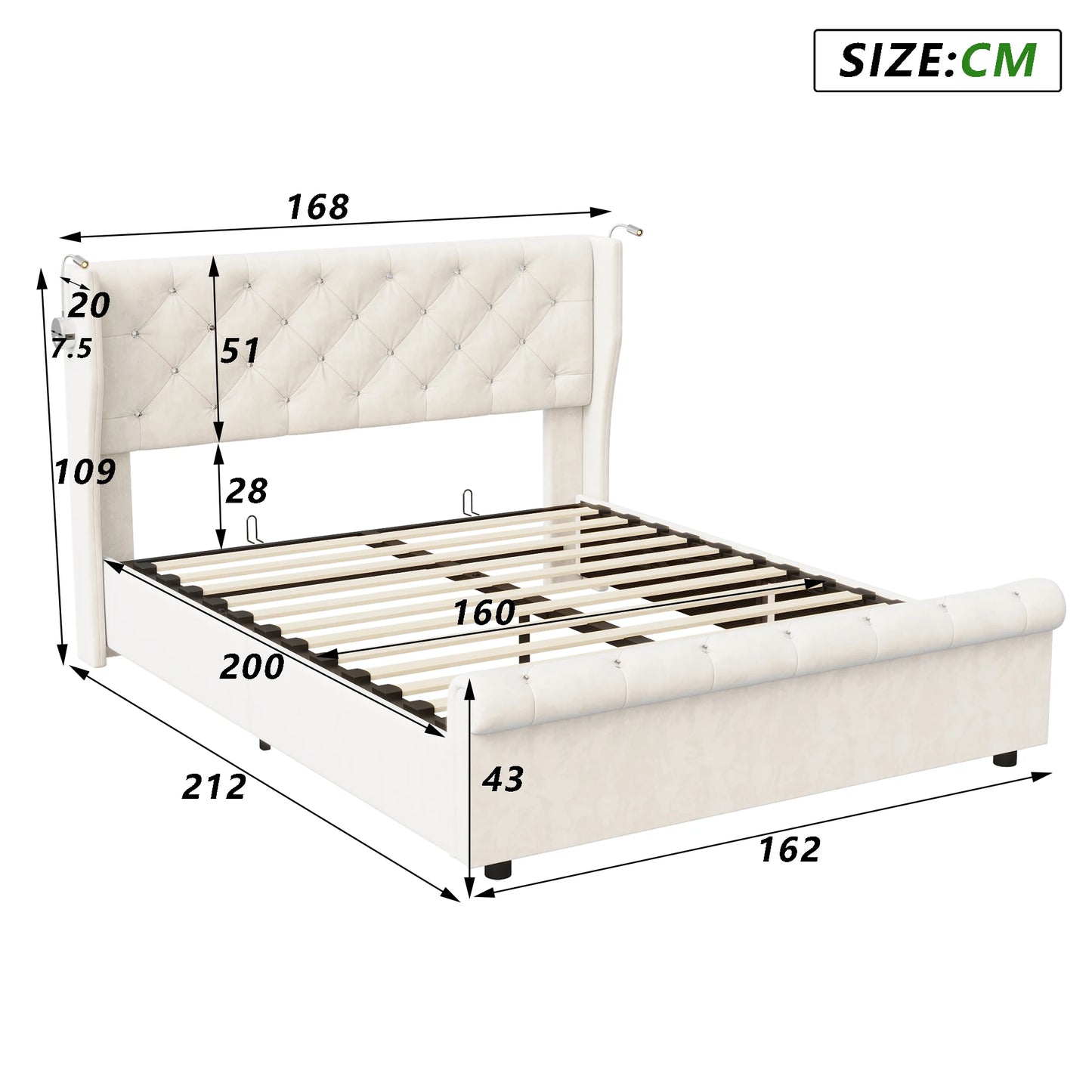 Doppelbett 140 x 190 cm mit LED-Beleuchtung und USB-Ladeanschluss, gepolsterte Doppelbettbetten mit Stauraum und Lattenrost, Samt, Beige