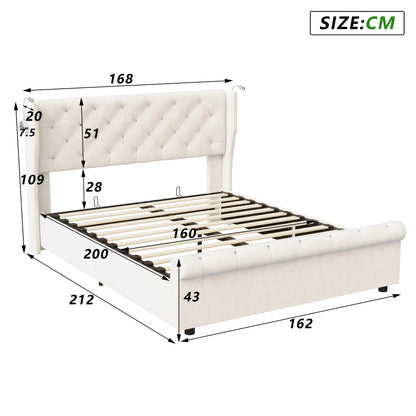 Doppelbett 140 x 190 cm mit LED-Beleuchtung und USB-Ladeanschluss, gepolsterte Doppelbettbetten mit Stauraum und Lattenrost, Samt, Beige