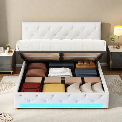 ROSAHQNDA Modernes Polsterbett, LED-Kastenbett mit großem Stauraum, elegantes Doppelbett aus Leinenstoff ohne Matratze