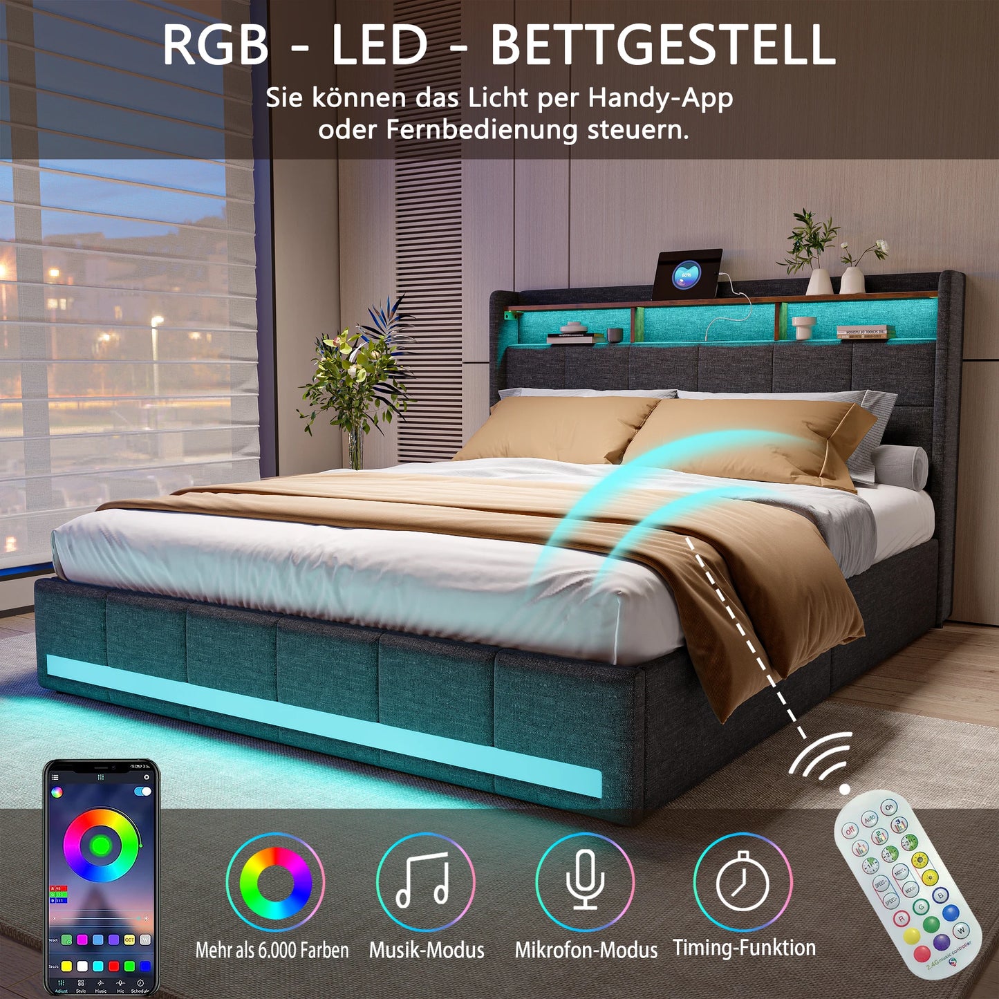 Bett mit Schubladen, 140/160 x 200 cm, Stauraumbett mit USB-Ladefunktion und LED-Kopfteil, Doppelbett mit Stauraum und 4 Schubladen. Jugendbett, funktionales Bett, Kopfteil, Lattenrost aus Holz, grau.