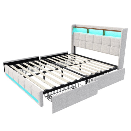 Double Bed,Upholstered Bed with LED and USB Charging Port,4 Drawers and Storage Backrest for Adults or Teen Bedrooms,Beige/Grey