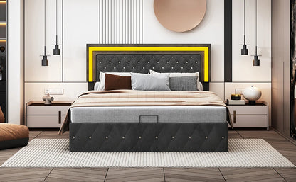 Rosahqnda Doppelbettgestell 140–160–180 x 200 cm, verstellbares LED-Kopfteil, hydraulisches Bett mit Stauraum, gepolstertes Jugendbett, Samt