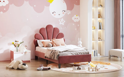 Rosahqnda Kinderbett 90x200cm, Einzelbett, Kinderbett mit Blütenblatt, Geeignet für Mädchenzimmer, Beige, Weinrot, Samt