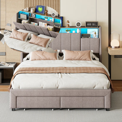 Upholstered Bed 160 x 200 cm, Bed Frame with LED Lights, USB Ports and Storage Headboard, Double Bed, Guest Bed, Teenager's Bed