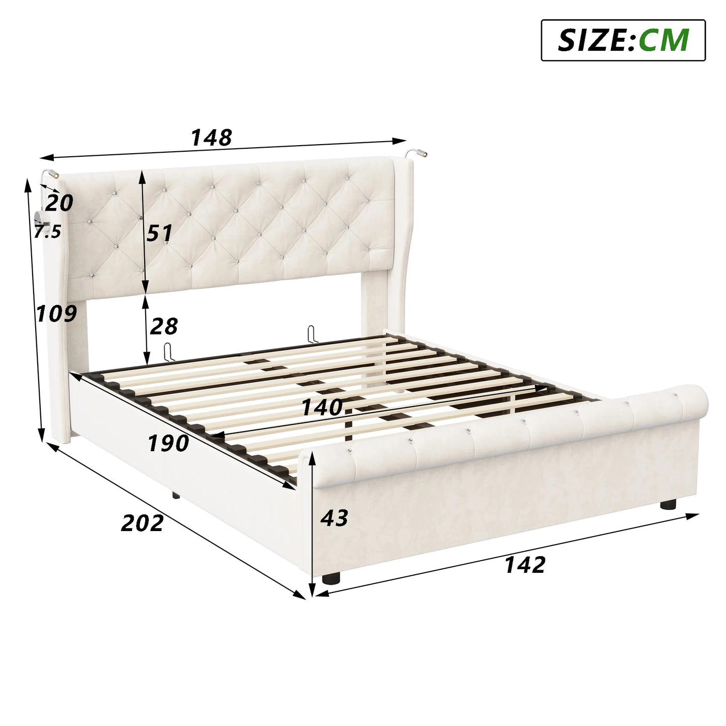 Doppelbett 140 x 190 cm mit LED-Beleuchtung und USB-Ladeanschluss, gepolsterte Doppelbettbetten mit Stauraum und Lattenrost, Samt, Beige