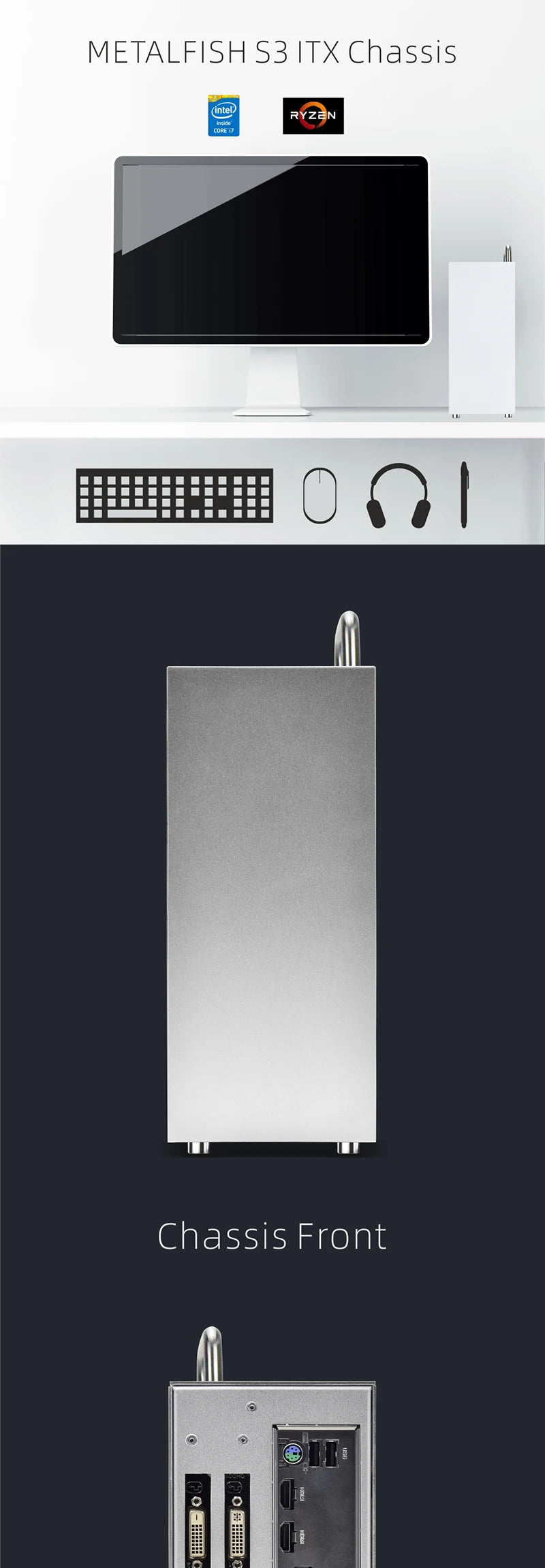 METALFISH S3 MINI-ITX Case All Aluminum Computer Mini Small Chassis Support Flex PSU/195mm GPU.