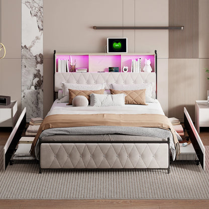 ROSAHQNDA Modernes gepolstertes Bettgestell mit Schubladen, LED-Bücherregal-Kopfteil mit USB-Anschlüssen, 140/160/180 cm, ohne Matratze